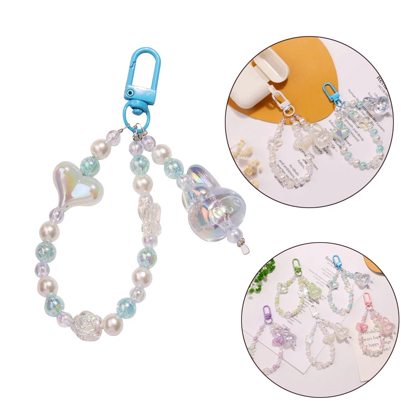 

Bag Pendant Cute Rabbit Heart Keychains Sweet Acrylic Colorful Beaded Keyring For Women Earphone Case Pendant Accessories