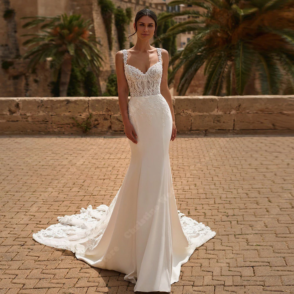 

Sexy Luminous Satin Surface Wedding Dresses White Light Mermaid Bridal Gowns New Creative Flower Shoulder Strap Vestido De Noche