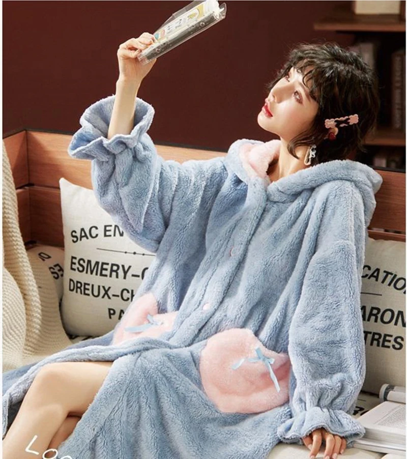 Thicken Women's Pajamas Warm Sweet Princess Hooded Nightgown Winter Flannel Kawaii Home Clothes Cute Loose Fleece Night Dress