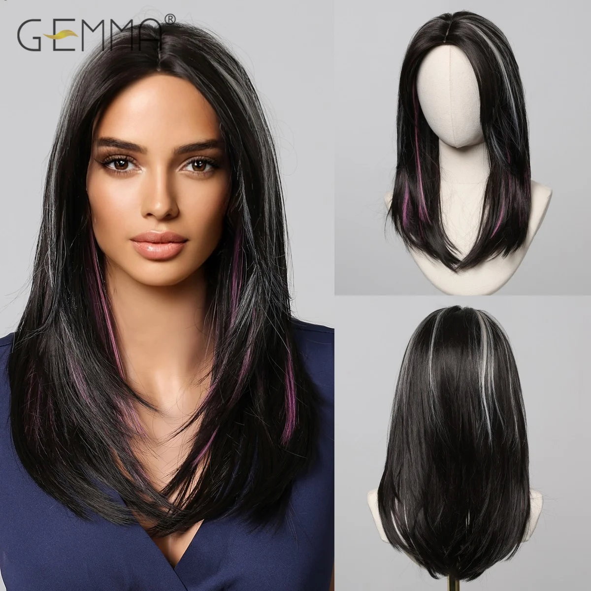 Mixed Blonde Pink Black Wig Synthetic Long Straight Layered Wig with Highlight for Women Heat Resistant Cosplay Party Fake Hair