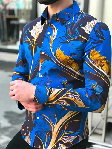 Men's Long Sleeved Floral Shirt Outdoor Fashionable Luxury Social Business Lapel Single Breasted Top - Image 5