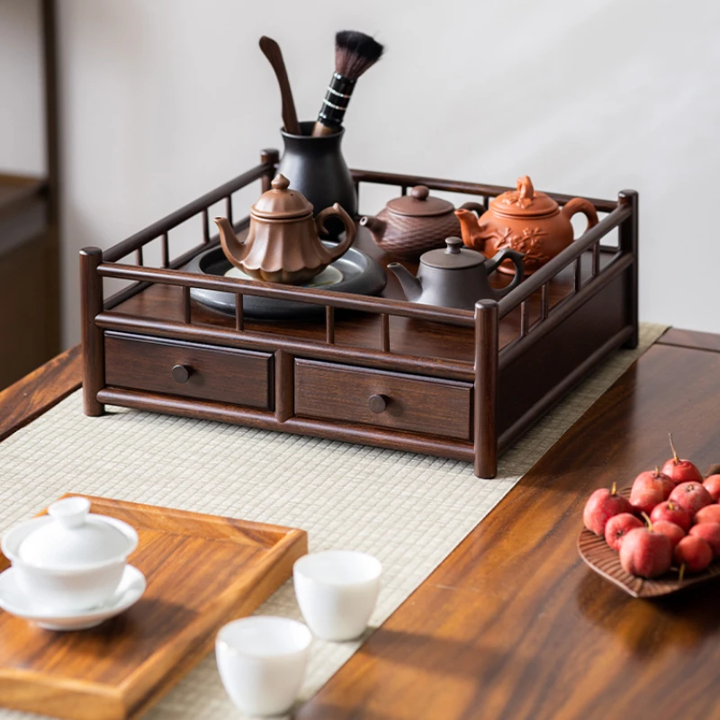 

Retro Bamboo Tea Set Storage Stand Square Single-Layer Desk Organizer with Drawer Perfect for Kitchen Items Organization