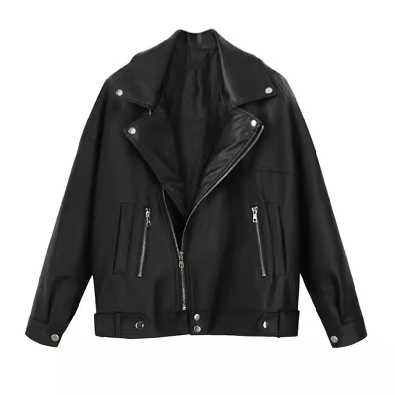 

Spring Autumn Women Vintage Loose Turn-down Collar Faux Leather Jacket Winter Padded Female Zipper Motocycle Biker Coat Outwear