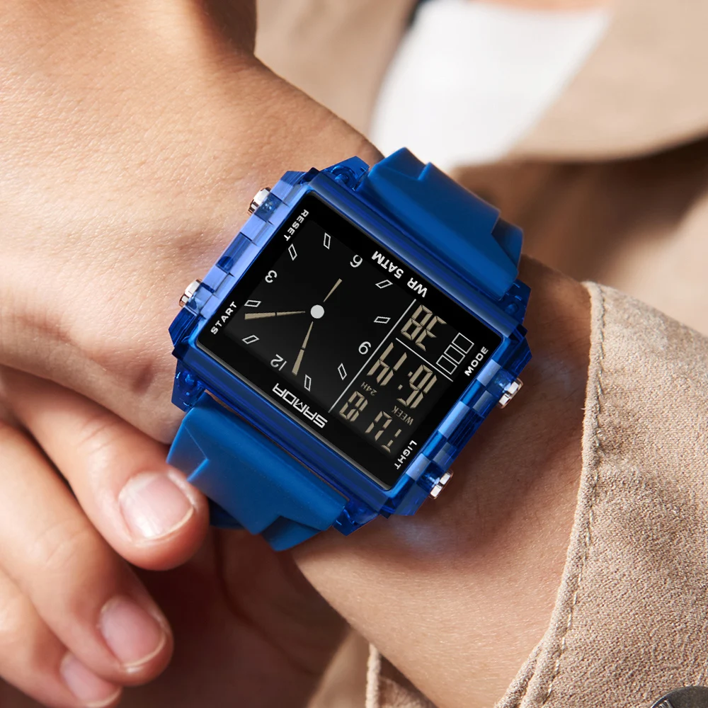 SANDA Unisex Waterproof Square Dial Digital Wristwatch with Countdown Timer and World Time Function