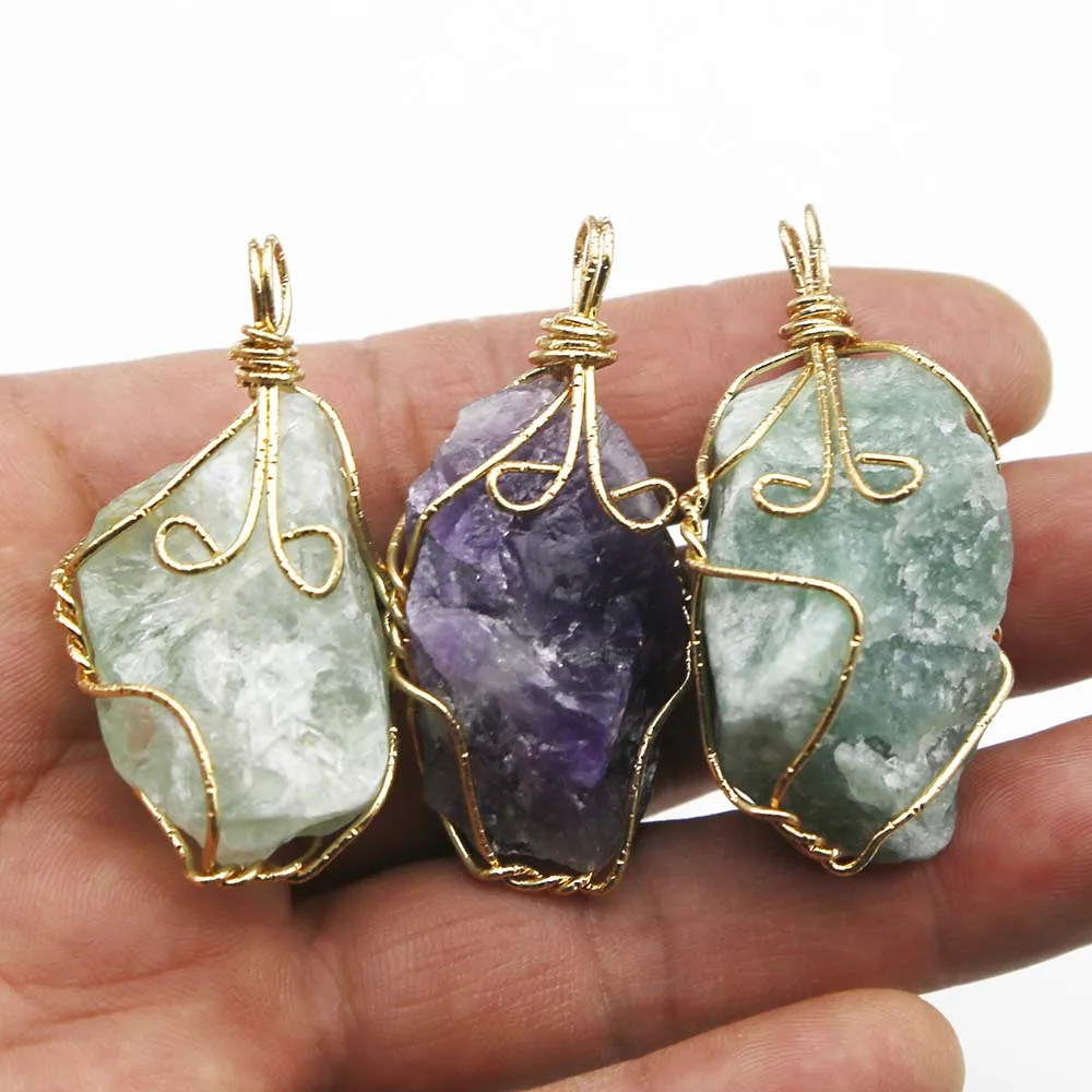 Quality Natural Raw Ore Irregular Winding Wire Necklace Pendants Crystal Quartz Charms Jewelry Accessories Making Wholesale 8Pcs