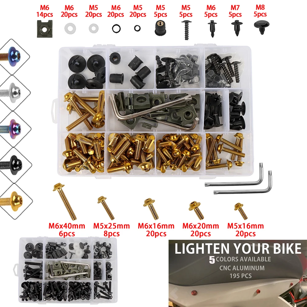 

For SX F EXC ADV CRF YZF WRF KXF RMZ 125 250 300 350 450 990 Tenere700 YZ250F YZ426F YZ450F R125 195pcs Steel Body Fairing Bolt