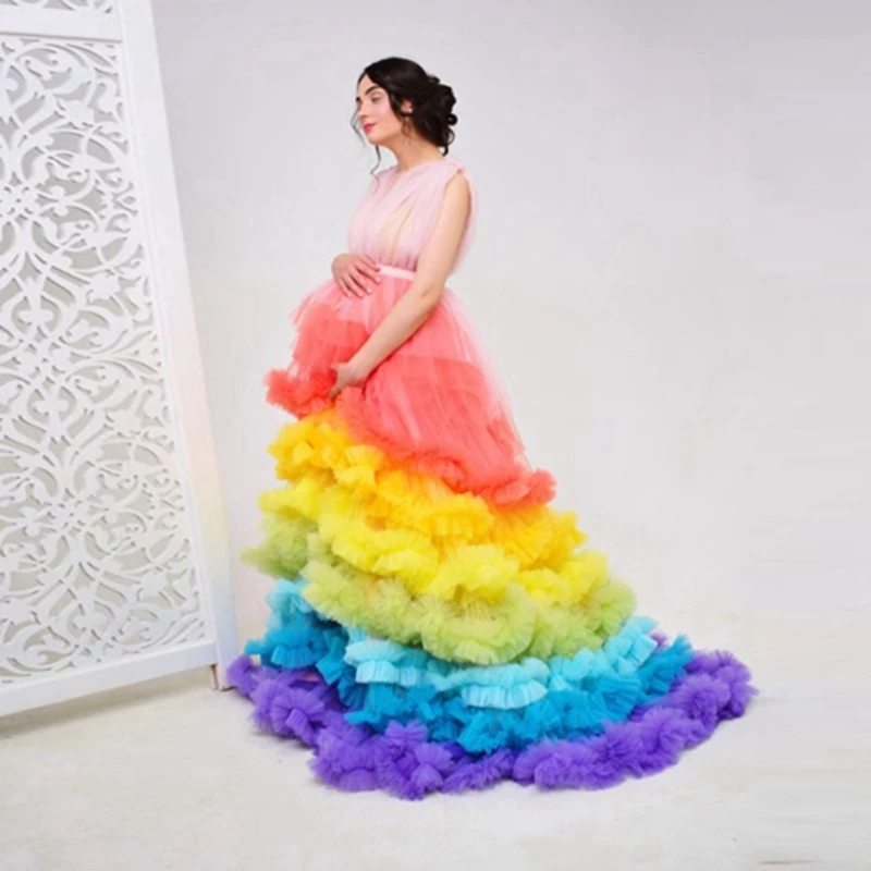 

Sweet Rainbow Color Tulle Pregnant Women Dresses Pretty V Neck Ruffles Tiered Maternity Gowns For Photo Shoot Colorful Dress
