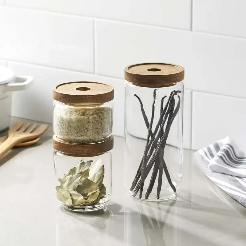 

Homes and Gardens, Glass Food Storage Jar With Acacia Wood Lids, Glass Canister Food Storage Set, Set of 3 Small container Glass