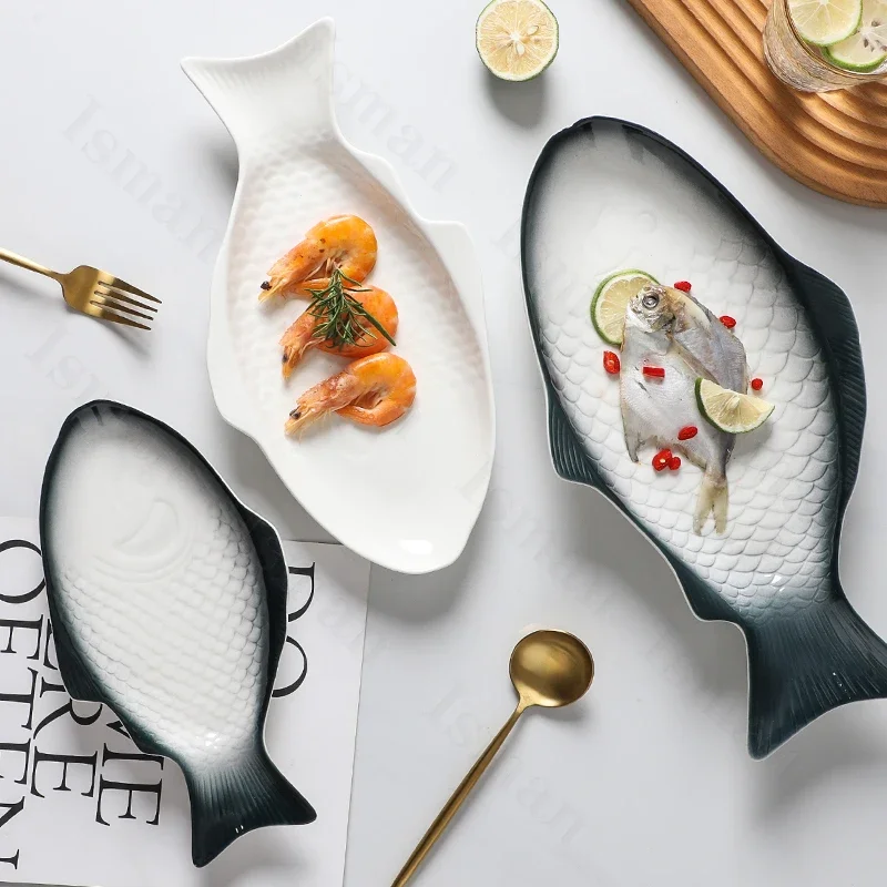 Creative Fish Shaped Ceramic Plate Simple Restaurant Tableware Steamed Fish Dish Grilled and Seafood Dishes Dinner Plates