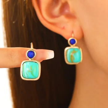 Fashion Geometric Square Turquoise Stone Earrings For Women Jewelry 2025 Trending New Bohemian Vacation Style Women's Earrings