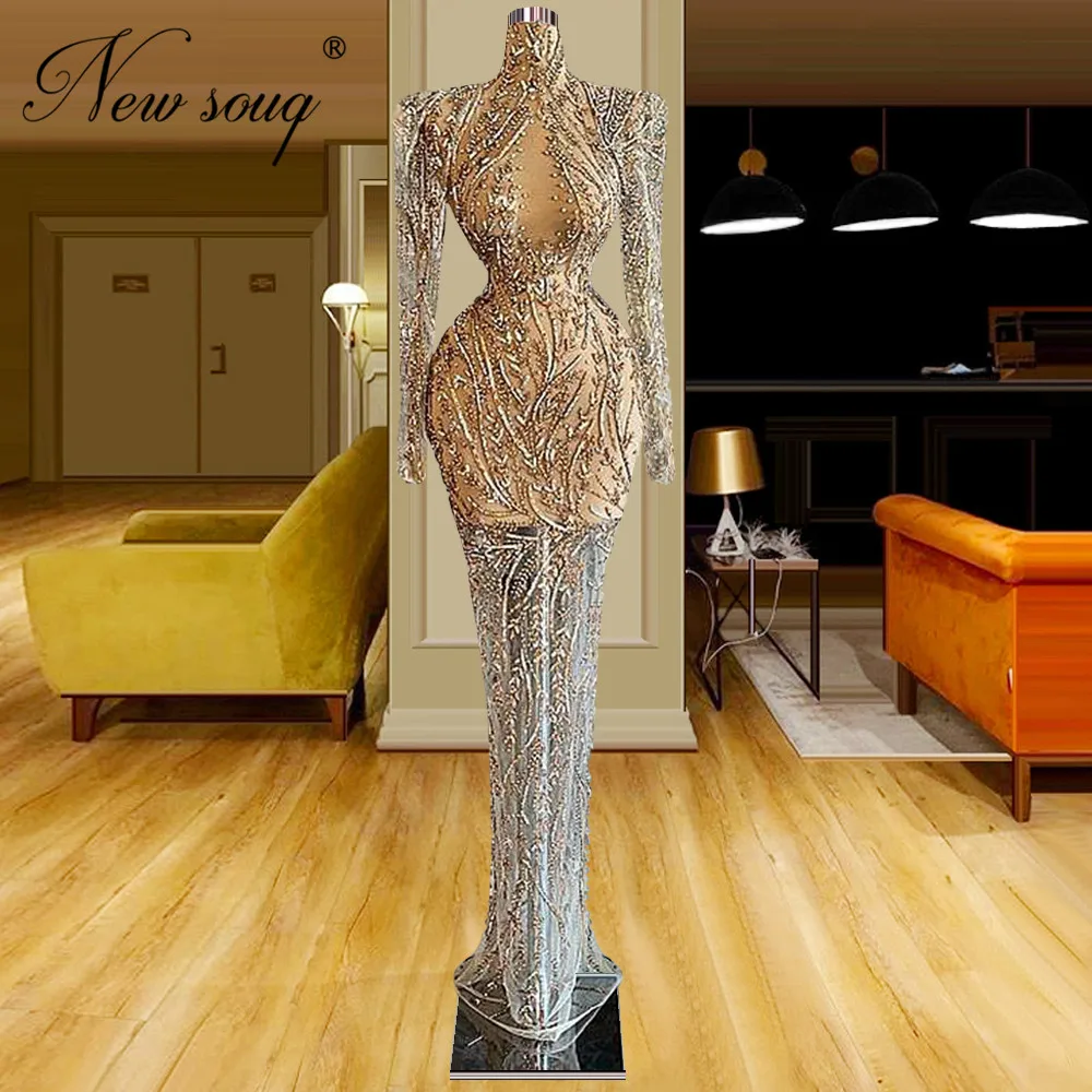 

Middle East Long Sleeves Evening Dresses Formal Beading Crystals Prom Dress Elegant Long Celebrity Dress For Women Robes Du Soir