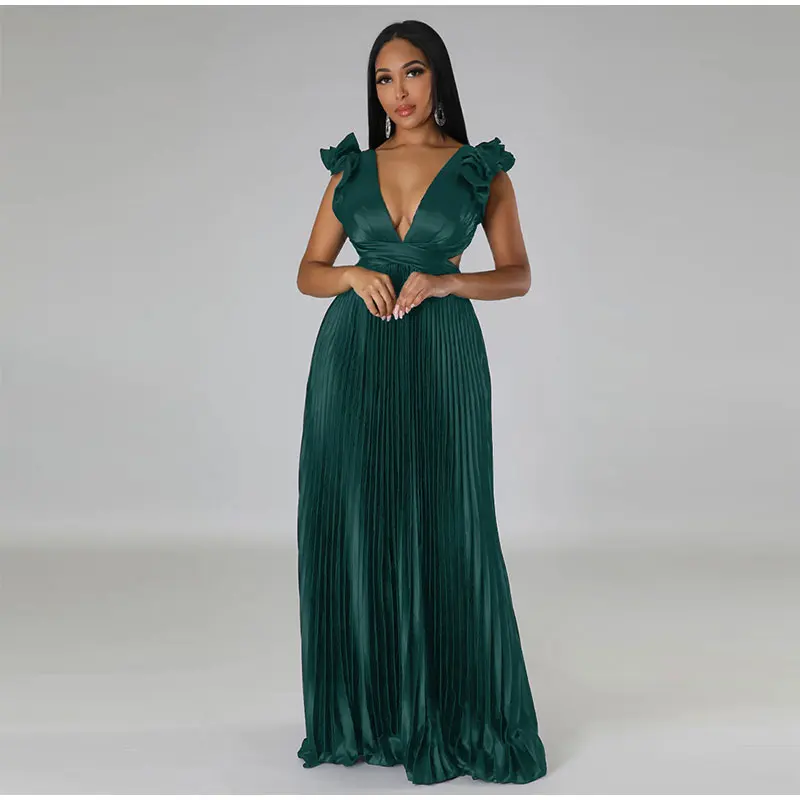 Women Solid Backless Elegant Long Dresses V-neck Pleated A-line Sexy Frock 2023 Spring Summer Evening Party Casual Style Dress