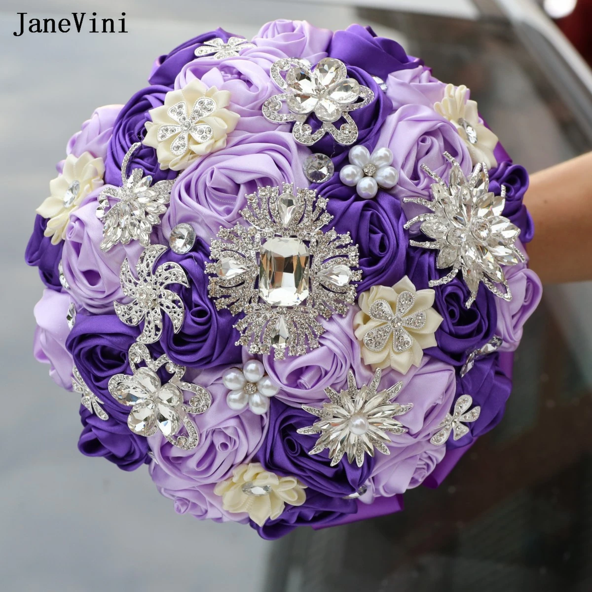 

JaneVini New Luxury Silver Jewelry Purple Bridal Brooch Bouquets Artificial Satin Roses Bridesmaid Bride Wedding Bouquet Flower