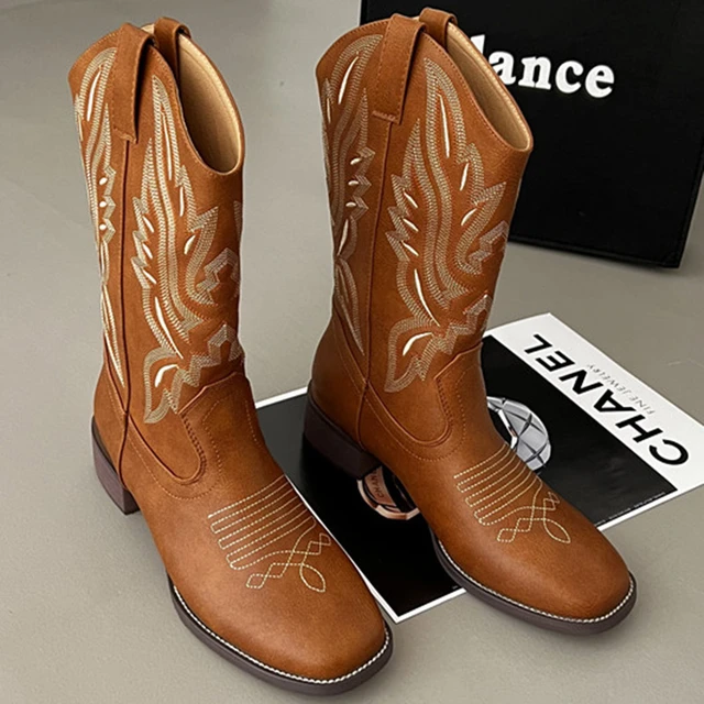 Casual Women Western Cowboy Boots 2023 Lady Embroidered Square Toe Brown  5cm Medium Heels PU Leather Punk Mid-Calf Boots Shoes - AliExpress