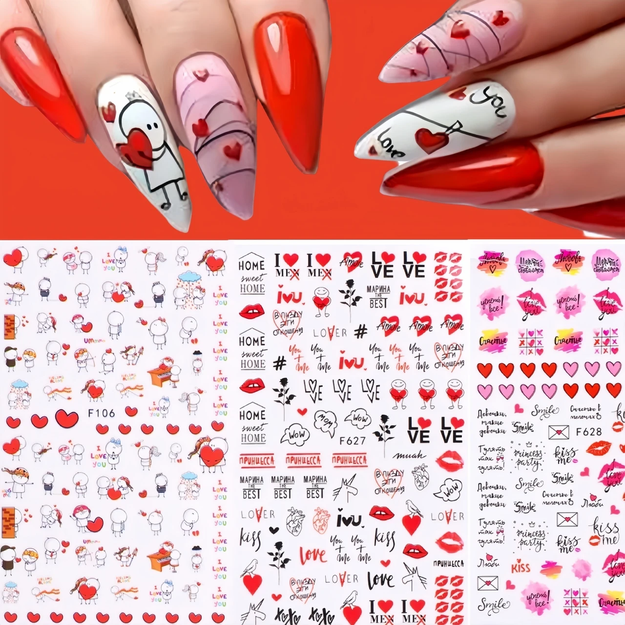 

1PCS Valentine's Day Nail Design Colorful Nail Stickers Love Red Lips DlY 3D Cute Cartoon Characters Press On Nails For Manicure