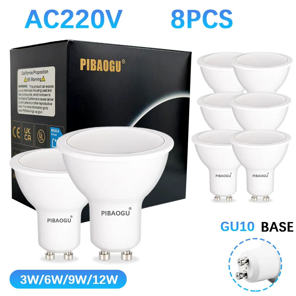 8PCS GU10 AC220V LED Spot Light Bulbs White Warm Neutral 3W 6W 9W 12W Energy Saving Dimmable No Flicker for Home Living Room Bed