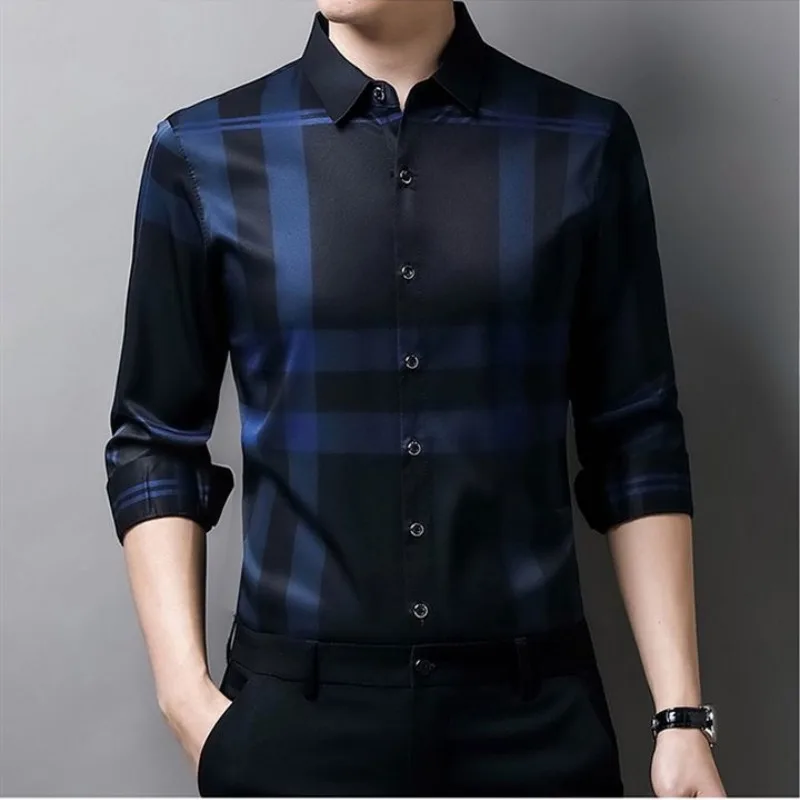 Spring Summer Polo Turn-down Collar Long Sleeve Shirt Men's Stripe Korean Fit Checker Non Ironing Business Fashion Casual Tops