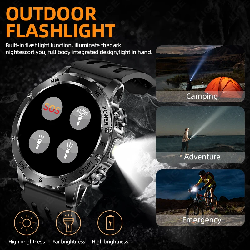 LIGE New 800mAh Super Capacity Battery Men Smart Watch 1.53" HD Bluetooth Call Compass LED Flashlight IP68 Sports Smartwatch Man