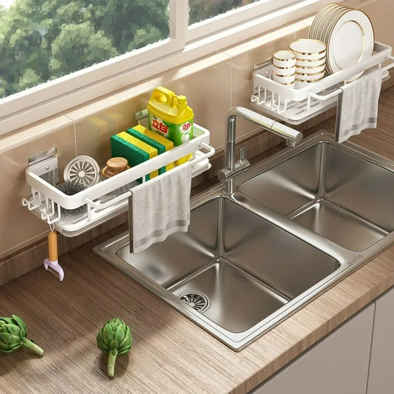 

Wall Mounted Seasoning Shelf Household Drain Basket Trough Artifact No Punching Sink Organizer Wipe Layout Rack Faucet Storage