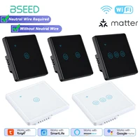 BSEED Tuya Matter WiFi Smart Light Switch No/Neutral Wire Required With Alexa Google Home 1/2/3 Gang Touch Wall Switches Glass