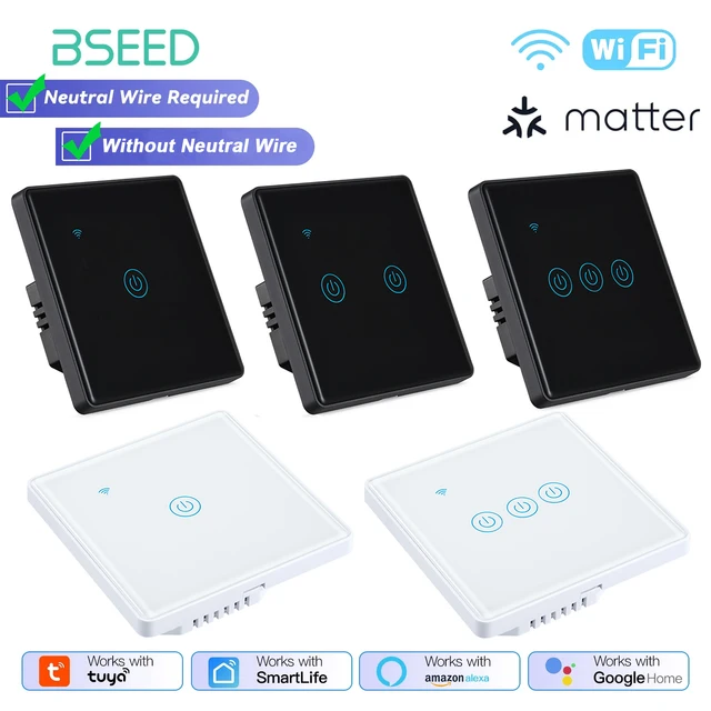 BSEED Tuya Matter WiFi Smart Light Switch No/Neutral Wire Required With Alexa Google Home 1/2/3 Gang Touch Wall Switches Glass