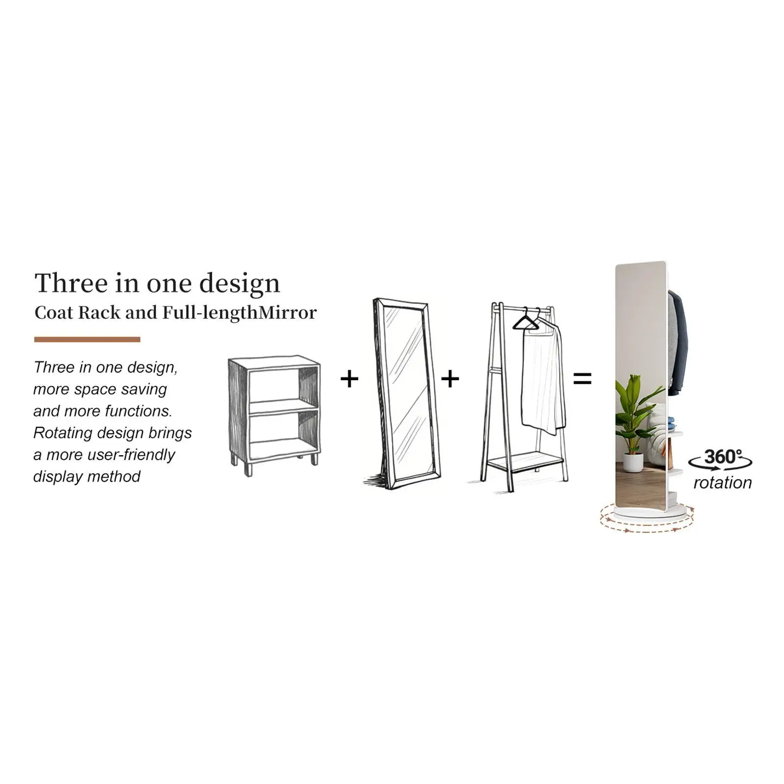Multifunctional Rotating Full Body Mirror Storage Rack Solid Wood Standing Coat Rack Mirror for Bedroom Living Room Home Gym