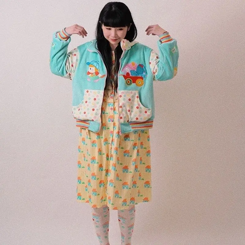Fleece Lining Cute Cartoon Color Blocking Long Sleeves Zip Up Hoodie Women Winter Sweet Thicken Y2k Aesthetic Sweatshirt