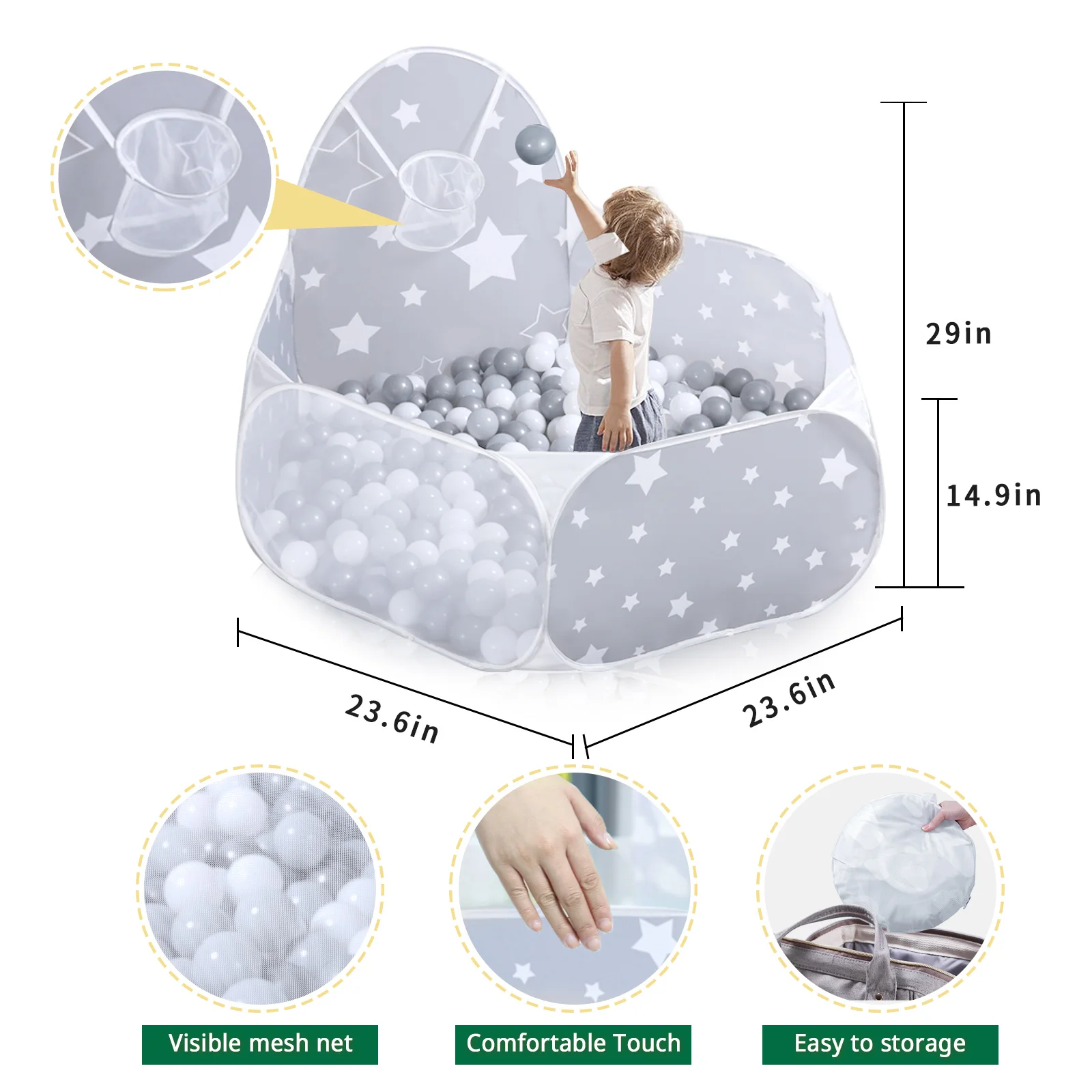 Foldable Ball Pit, Baby Pop-up Ball Pit Pool for Kids Toddlers Pets Play Tent with Hoop Indoor Outdoor Boys Girls 6