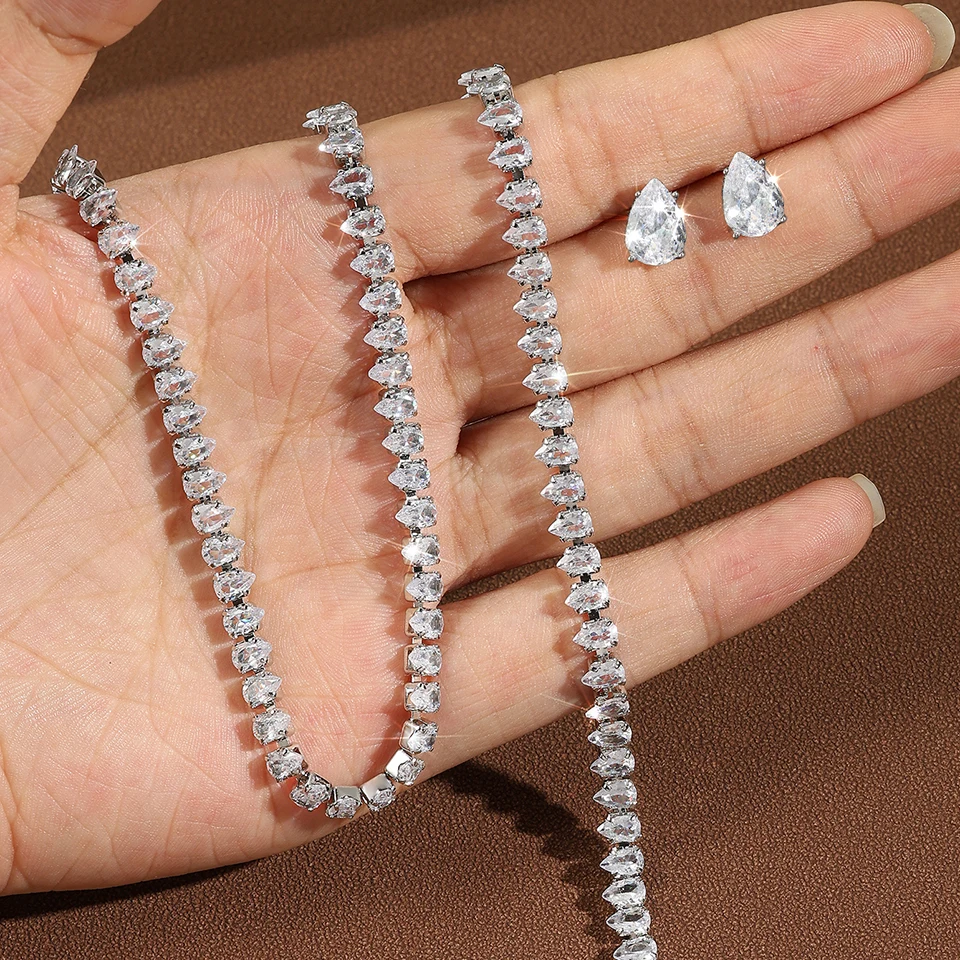 ZAKOL Minimalist Cubic Zirconia Water Drop Necklace Earrings Bracelet Set For Women Luxury Stylish Bridal Wedding Party Jewelry 2