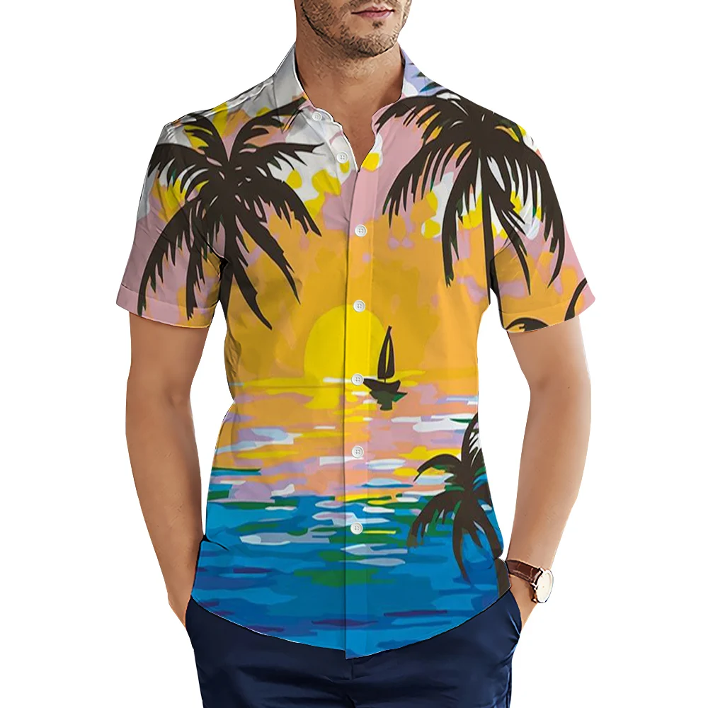 

HX Hawaiian Beach Shirts Polynesia Island Sunrise Sunset Printed Casual Shirt 3D Graphic Tops Ropa Hombre