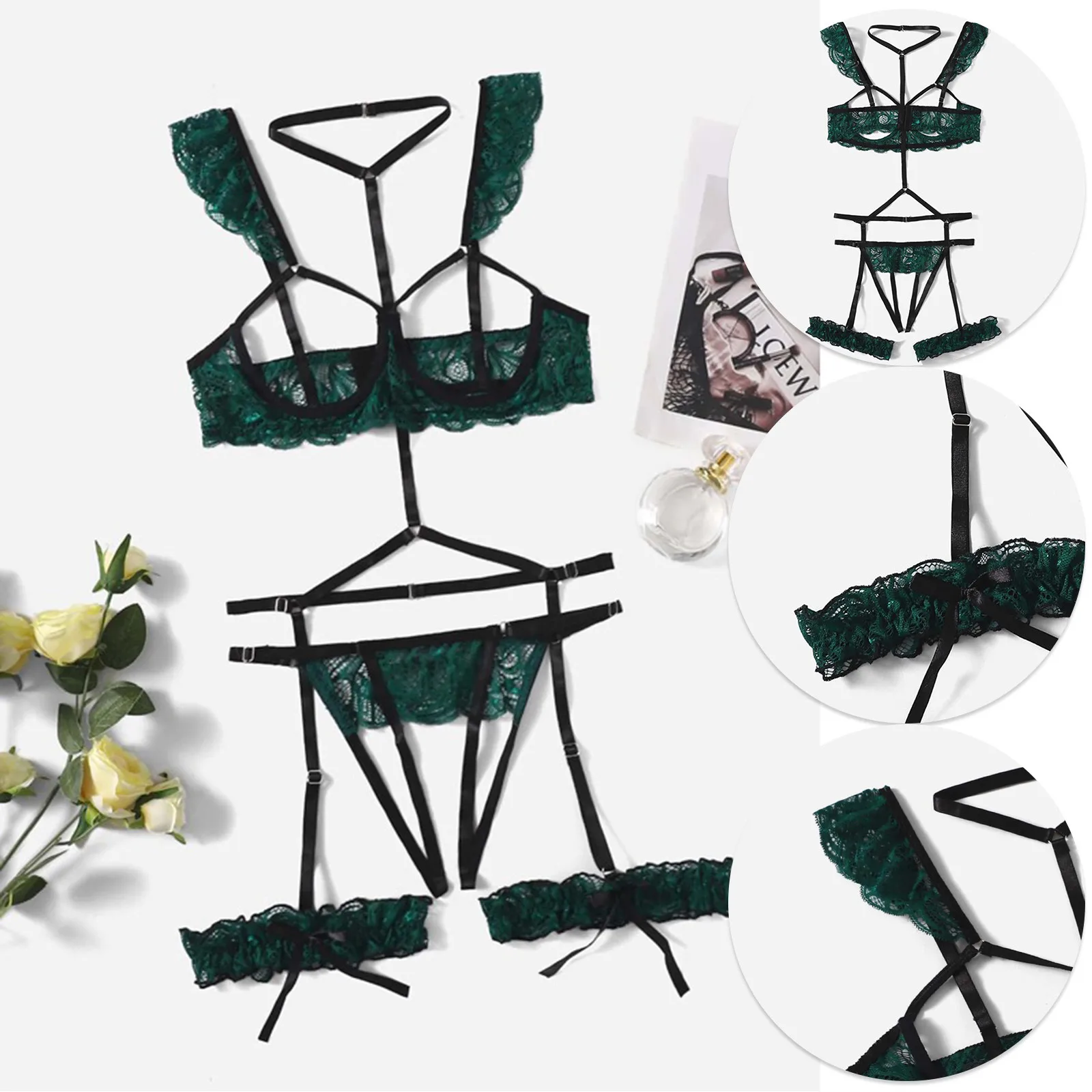 Conjunto de lencería sexy para mujer, ropa interior erótica transparente, 3 piezas de lencería para mujer, conjuntos de sujetador de encaje, lencería femenina_voghion.com