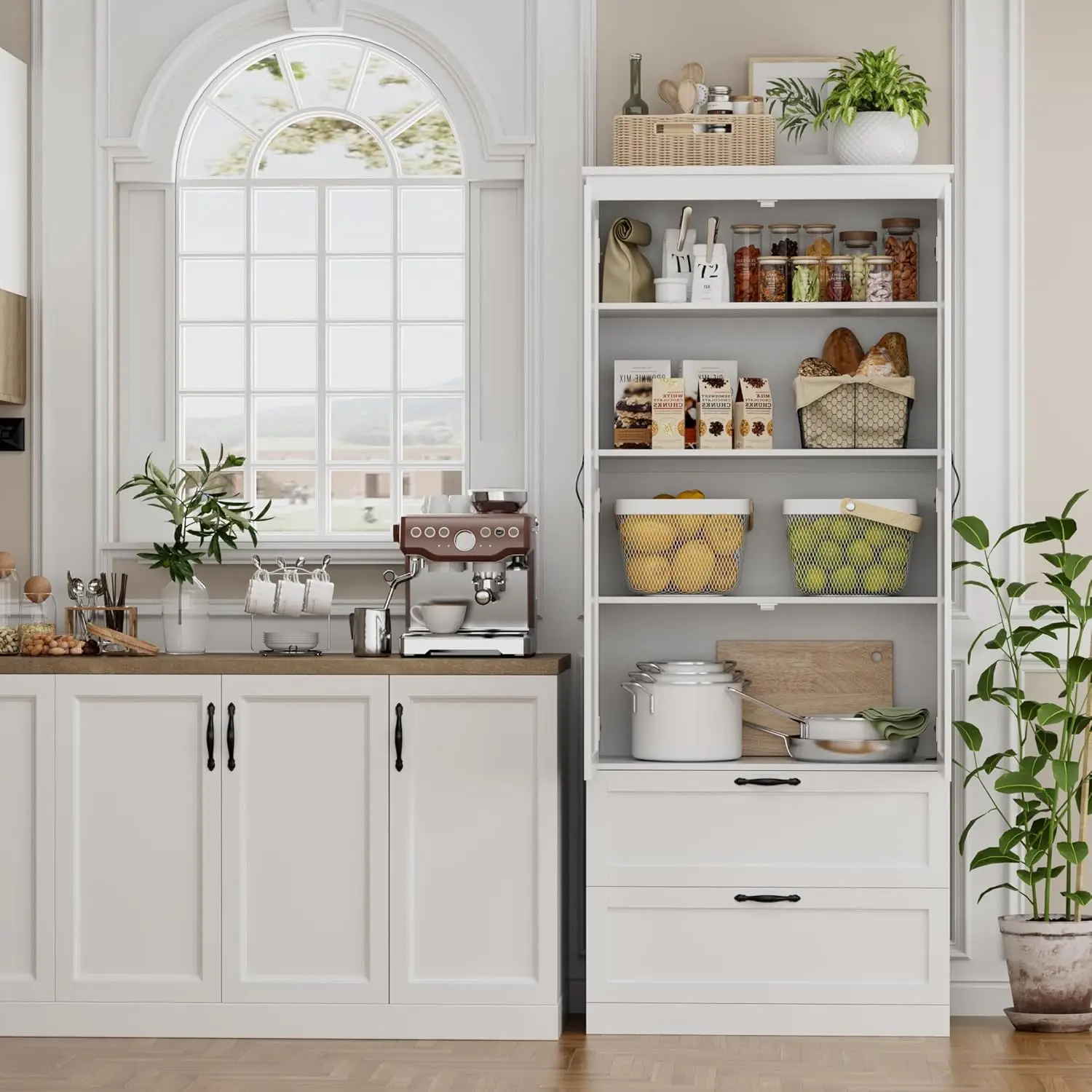 70" Tall Kitchen Pantry Storage Cabinet, Barn Doors Pantry Cabinet with Drawers and Adjustable Shelf 5