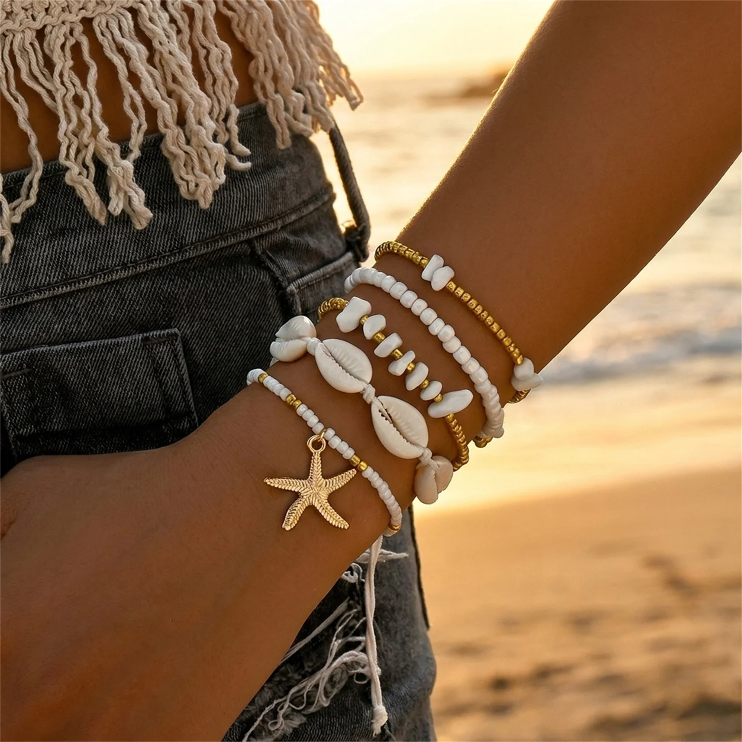 Böhmisches Resort-Stil Muschel-Perlen-Armband für Frauen, Muschel-Seestern-Kies-Armband-Set, Handgefertigter Charm-Schmuck als Geschenk