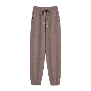 2024 Autumn And Winter New 100% Pure Wool Flat Small Foot Pants Women Loose High Waist Lean Knitted Cashmere Bunched Foot Pants 1
