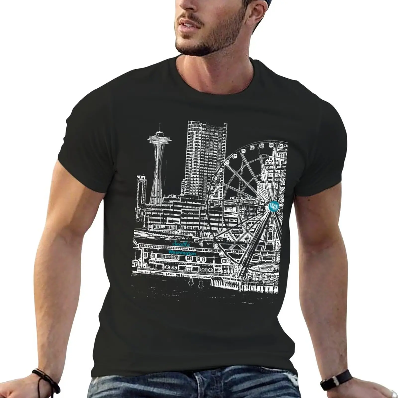 

Seattle, Washington, US - Downtown Seattle waterfront - Seattle Landmarks T-Shirt aesthetic clothes mens graphic t-shirts pack