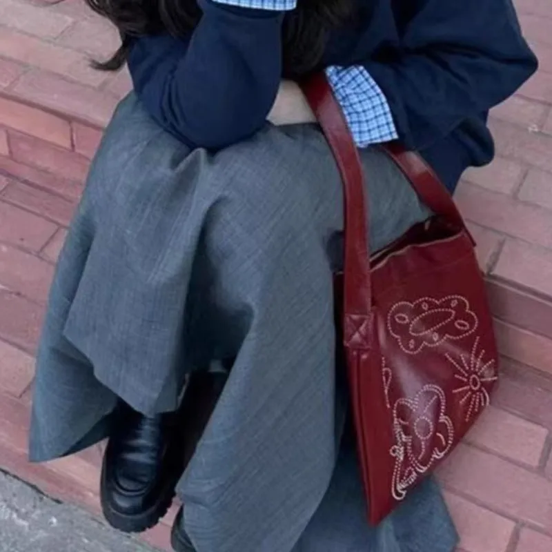 Korean Trendy Retro Print Handbag Women Red Leather Large Capacity Underarm Bag Ladies Fashion Casual Bucket Shoulder Bags 2025