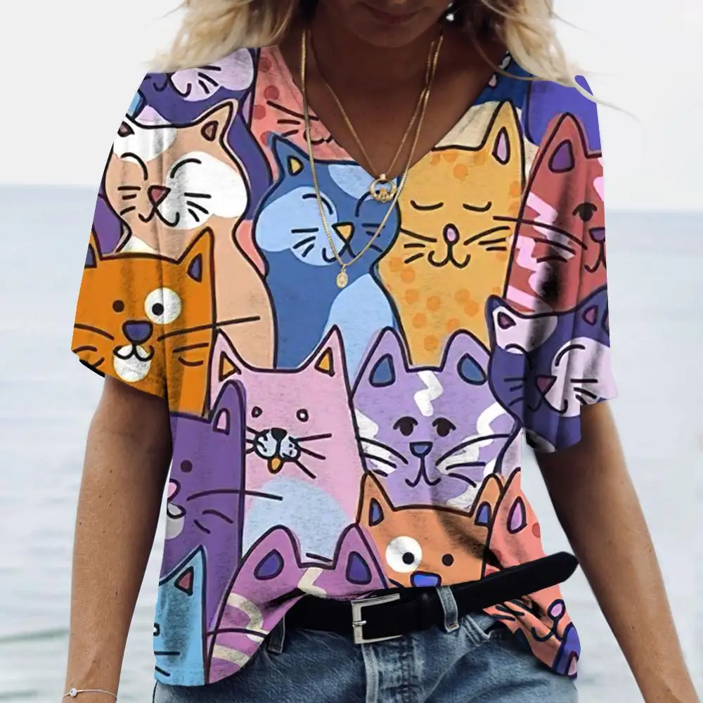 

2024 New Style Women Cat Print Women's T-Shirt Oversized T-Shirt Top Women Clothing Design Plus Size V Neck Tee Casual