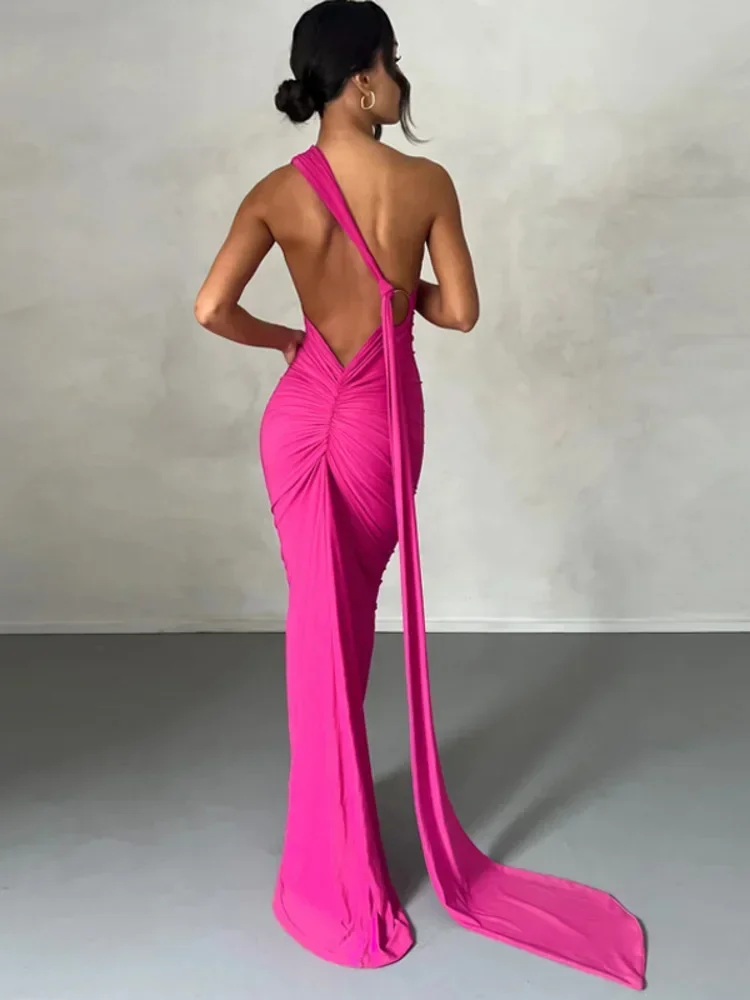 WeiYao Oblique Shoulder Backless Maxi Dress For Women Gown Summer Back  Strap Sleeveless Ruched Party Sexy Long Dress Vestidos - AliExpress