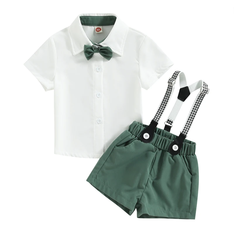 

Toddler Baby Boys Gentleman Outfits Summer Solid Color Short Sleeve Bow Tie Button Up Shirt and Casual Elastic Bib Shorts Set