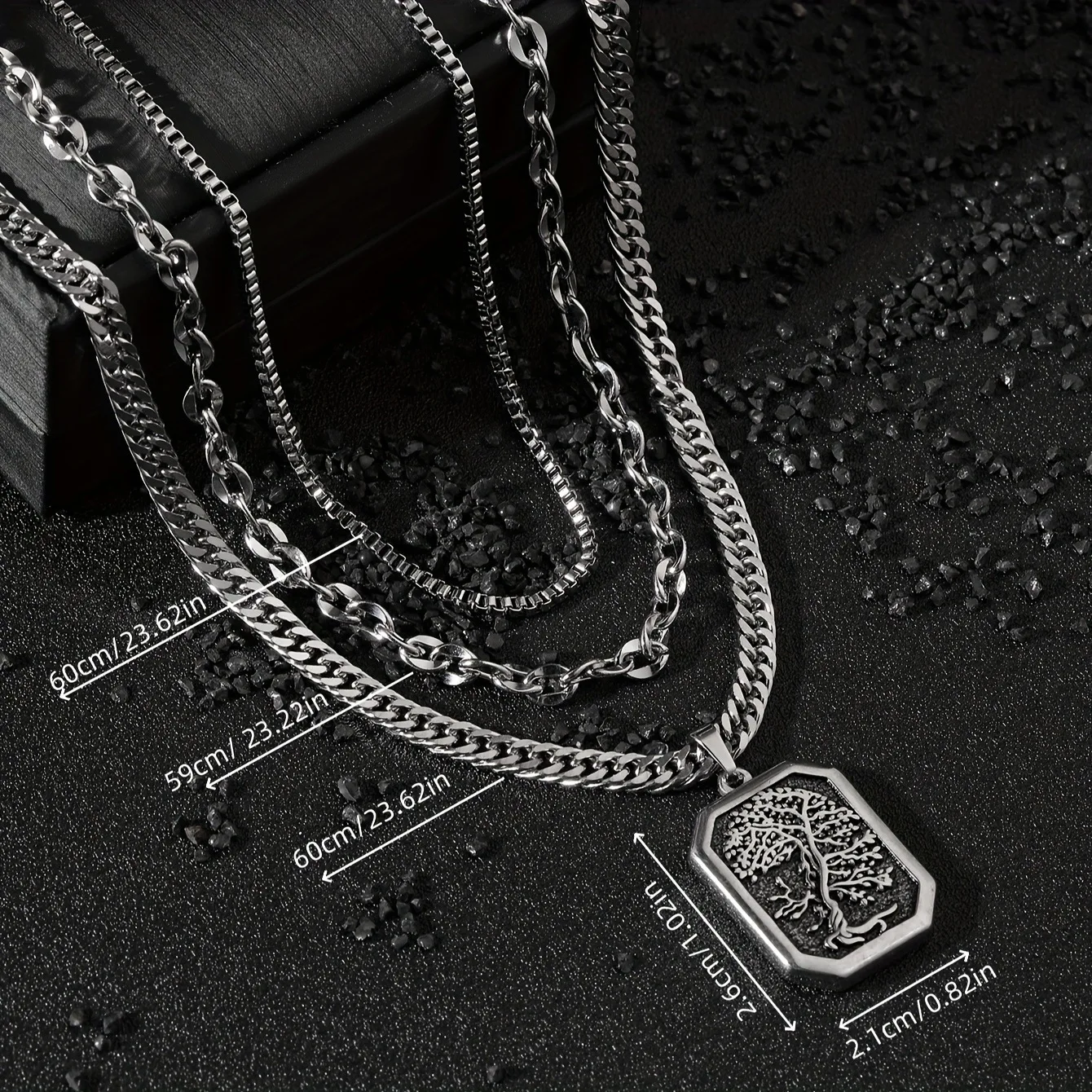 316 Stainless Steel Square Pendant Tree of Life Neckalce Silver Color Multilayer Chains Choker for Women Men Punk Retro Jewelry