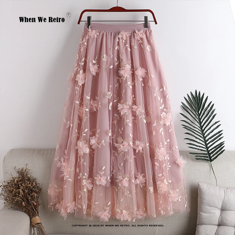 

Embroidery Flower High-Waisted Mesh Skirt Elastic Waist Mid-Length Korean Fashion Faldas Mujer Moda Tulle Long Skirts RS1255
