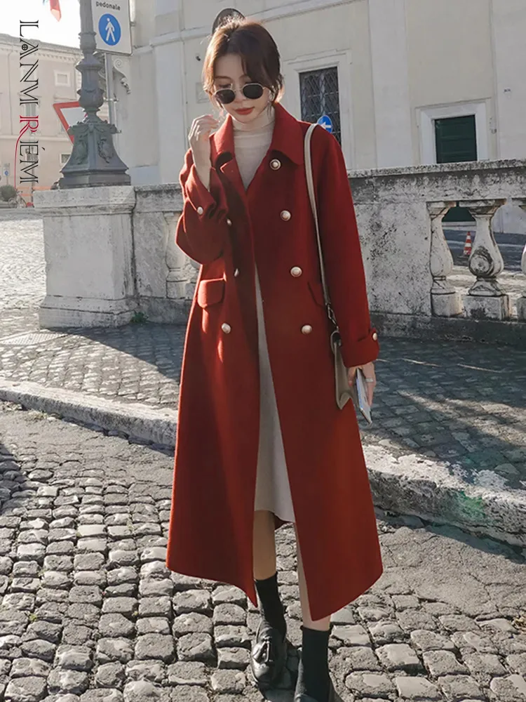 

LANMREM Korean Style Long Winter Coat Women Lapel Pockets Double Breasted Solid Color Female Clothing Fashion 2023 New 2AA3260