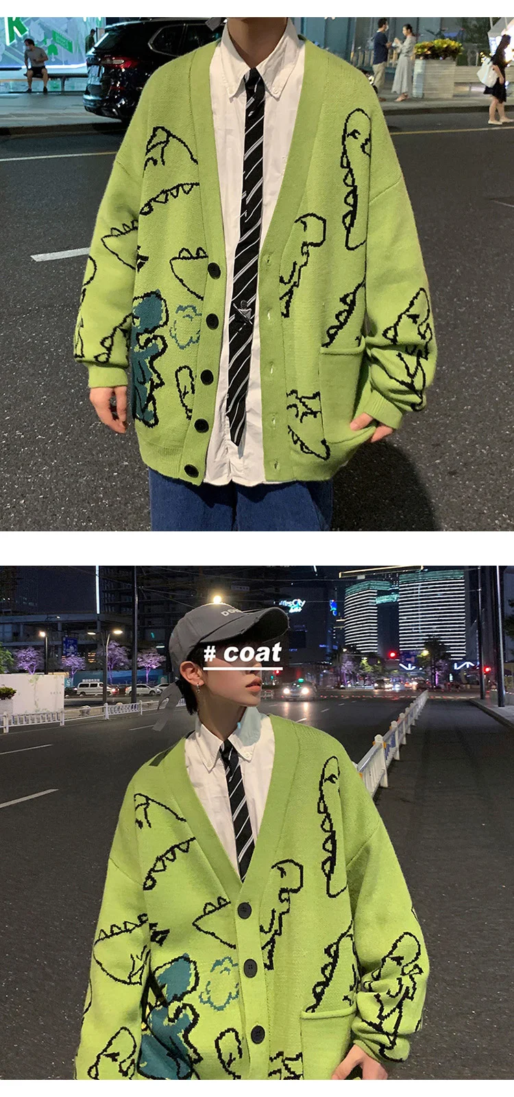 Autumn Oversize Cardigan Men Knitted Dinosaur Sweater Streetwear Loose Male Women Coat 2024 Doodle Hop Pattern Winter