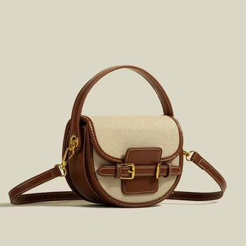 2025 Women's New Fashionable Retro Splicing Handbag Saddle Bag Casual Versatile Crossbody Bag 1