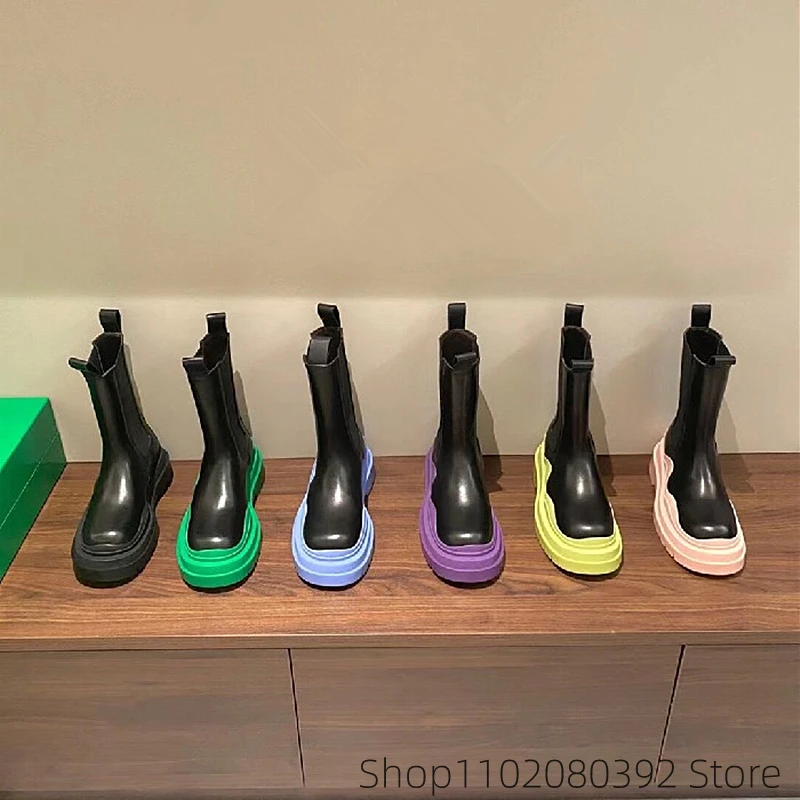 Bblack Autumn Winter Platform High Women Boots Nude Boots Flat Green Short Elastic Band Chelsea BOTTEGA- Rain