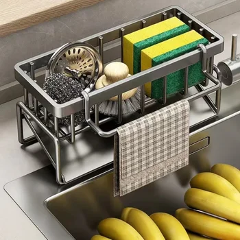 Organizzatore per scolapiatti per lavello da cucina, scaffale per lavello autodrenante in acciaio inossidabile, portasapone, portasciugamani, cestello filtro 1