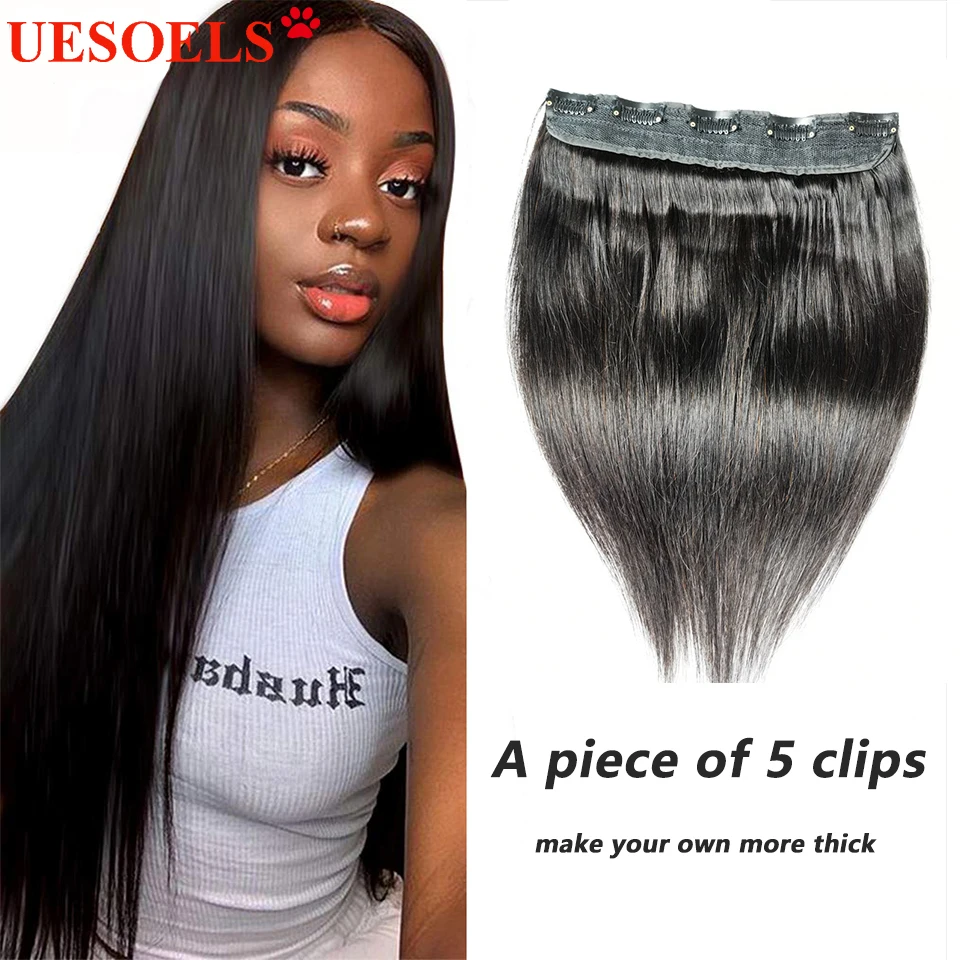 One Pcs Hairpiece With 5 Clips In Hair Extensions 100% Brazilian Remy Human Hair Natural Black Color 14-30 Inches For Women