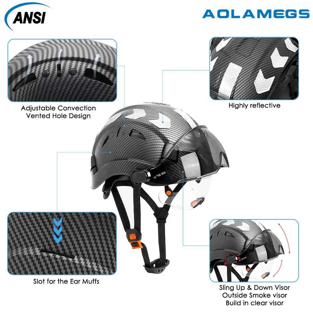 Safety Helmet Construction Safety Helmet With Visor Built In Goggles Reflective Stickers For Engineer ABS ANSI Hard Hat Industrial Work Cap CE