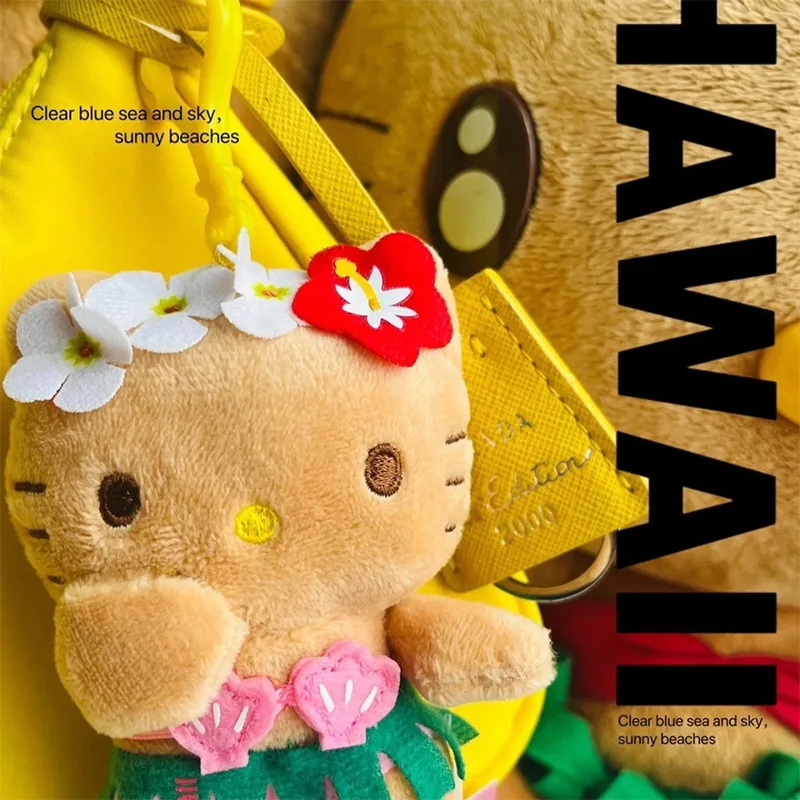 

10cm Sanrio Hello Kitty Plush Pendant Hawaii Series Surfing Style Bag Pendant Creative Color Doll Cute Girl Birthday Gift
