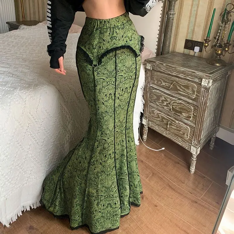 Retro Fresh Green Fashion Street Shoot Personalized Mid length Skirt Women Elegant Sexy Antique Half length Skirt h125mm e27 edison bulb 2w 4w t125 vintage retro short test tube tubular led bulbs incandescent tungsten bulb for antique lamp